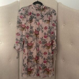 Express Pink & Green Floral Long Sleeve Crew Neck A Line Dress XS